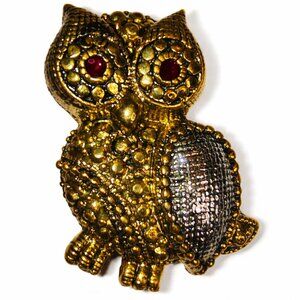 Vintage Gold Tone Owl Brooch Red Eyes Textured Statement Pin